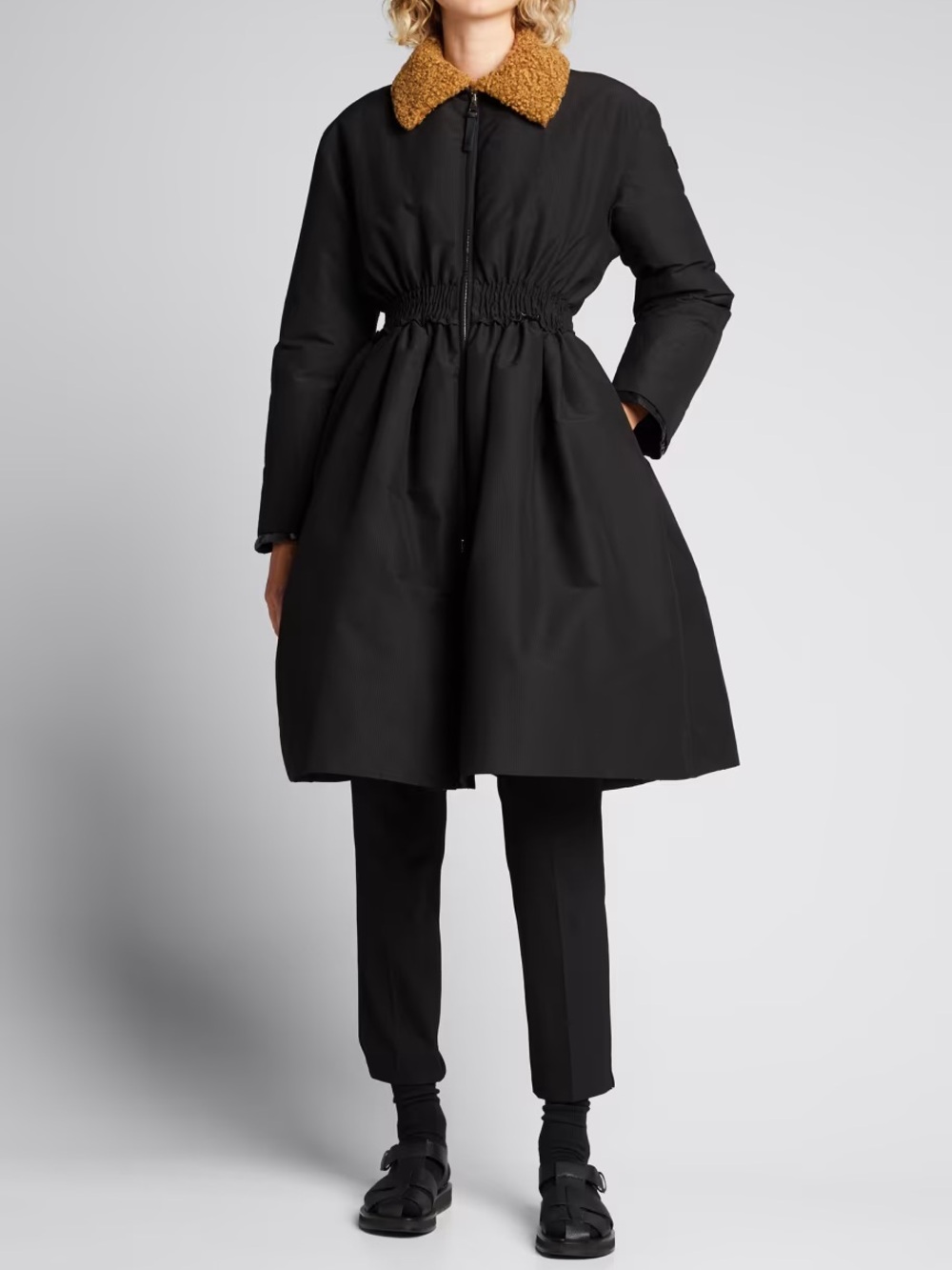 Moncler Black A-Line Coat Dress with Tan Shearling Collar